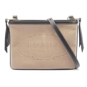 PRADA Logo Jacquard Shoulder Bag Canvas Leather Beige Tan Black
